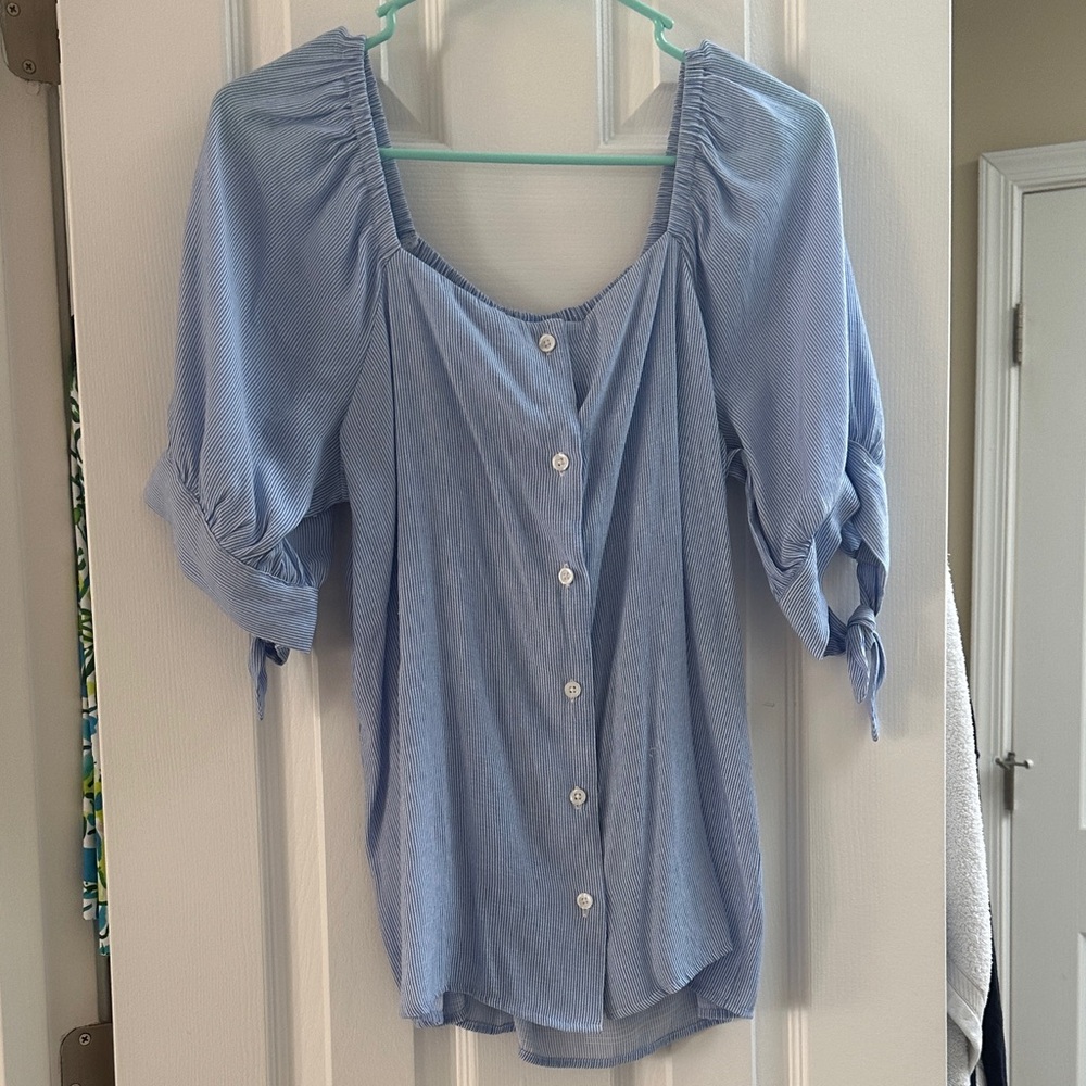 LC Lauren Conrad Light Blue Button-Front Square Neck Blouse